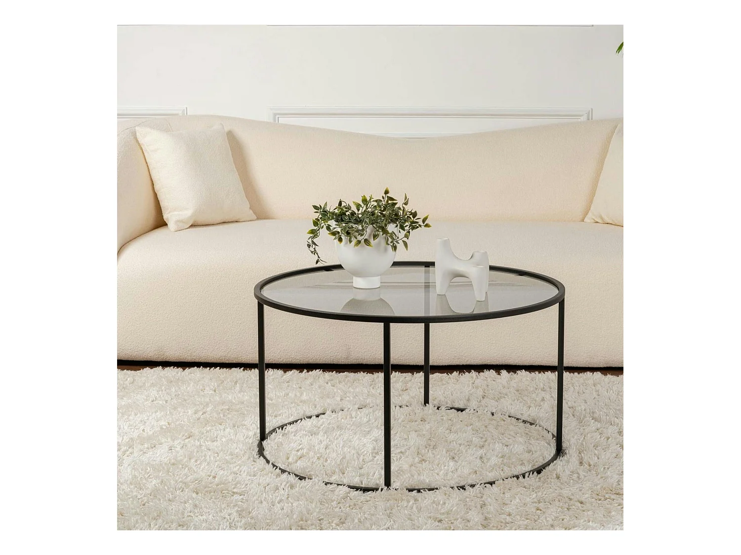 Table basse ronde en verre – cadre noir ⌀80 cm TULUM