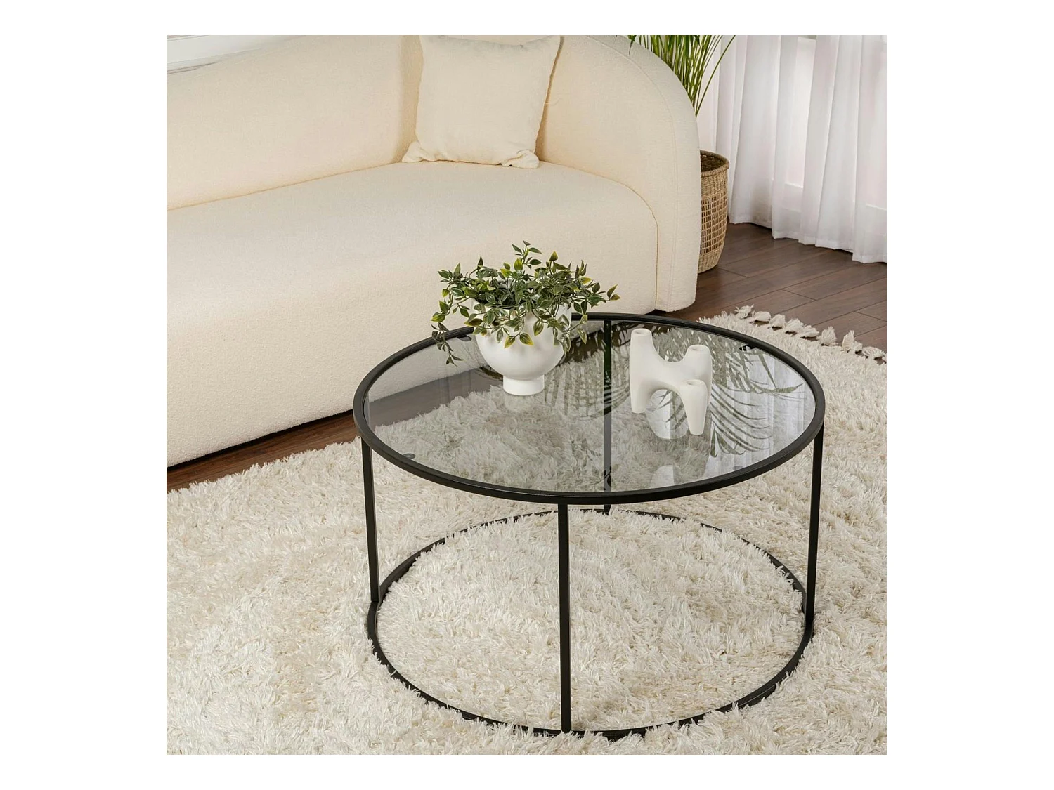 Table basse ronde en verre – cadre noir ⌀80 cm TULUM