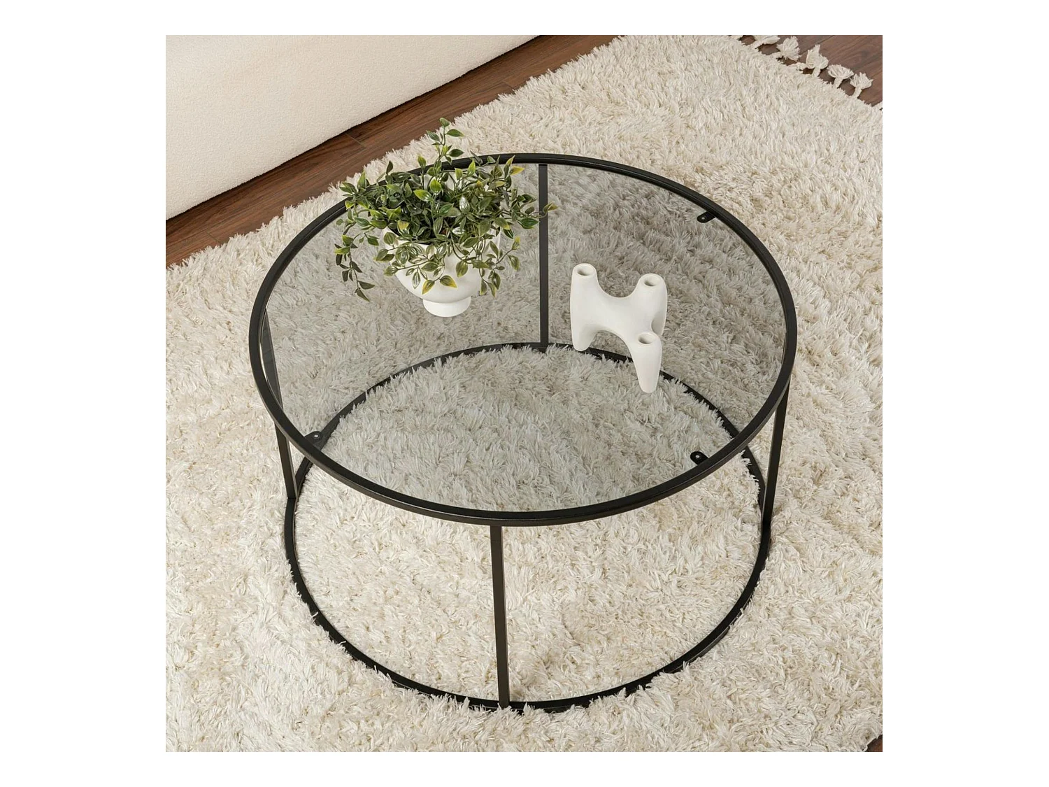 Table basse ronde en verre – cadre noir ⌀80 cm TULUM