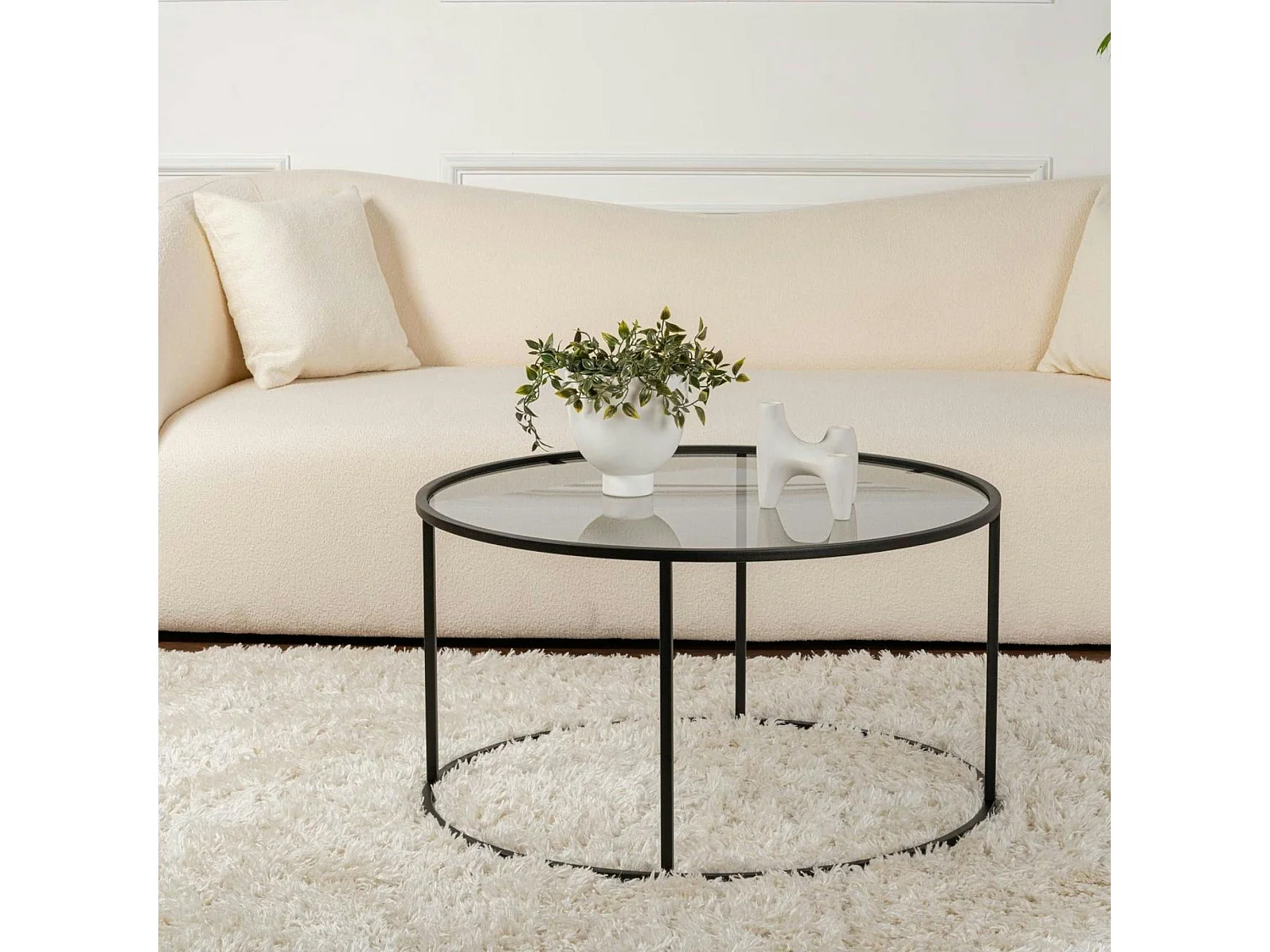 Table basse ronde en verre – cadre noir ⌀80 cm TULUM