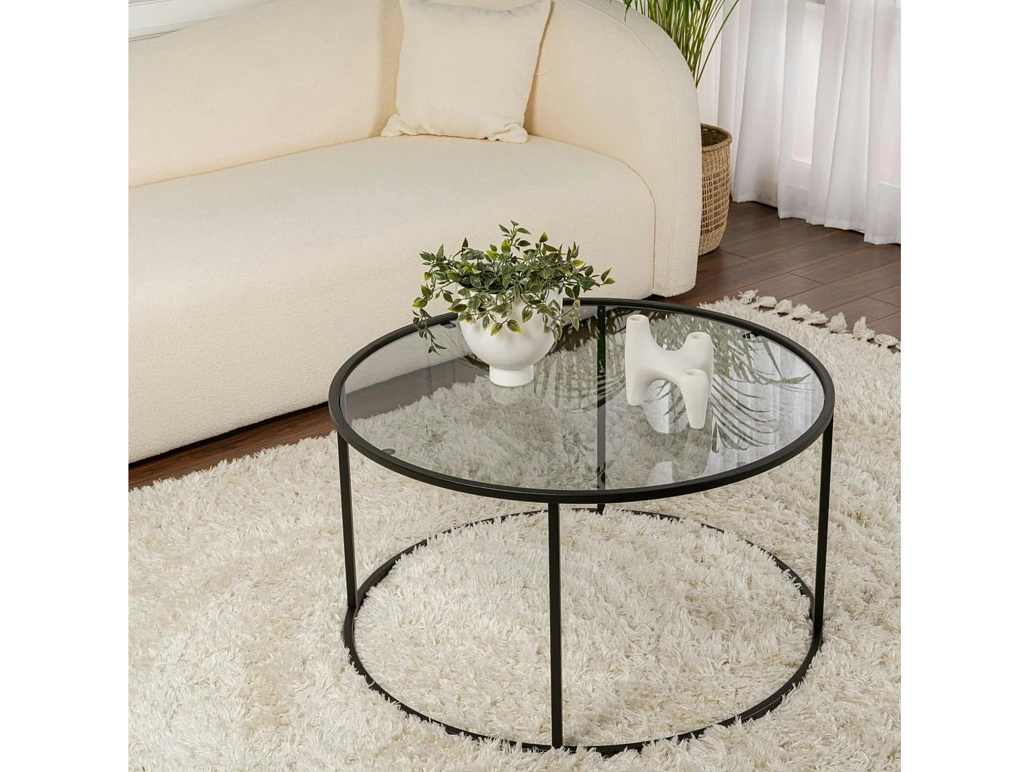 Table basse ronde en verre – cadre noir ⌀80 cm TULUM