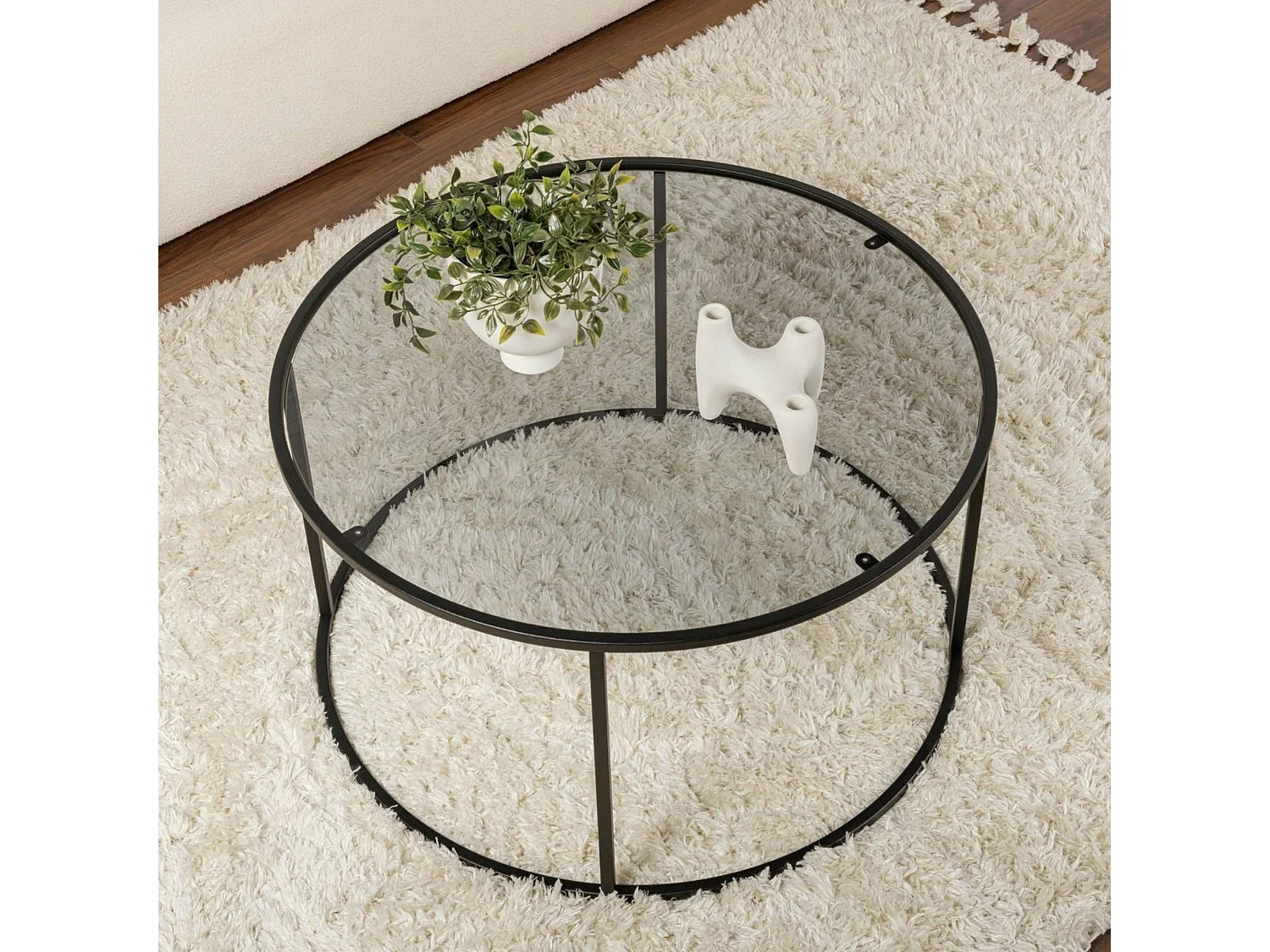 Table basse ronde en verre – cadre noir ⌀80 cm TULUM