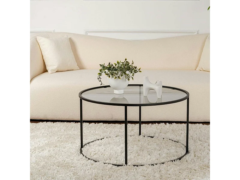 Table basse ronde en verre – cadre noir ⌀80 cm TULUM