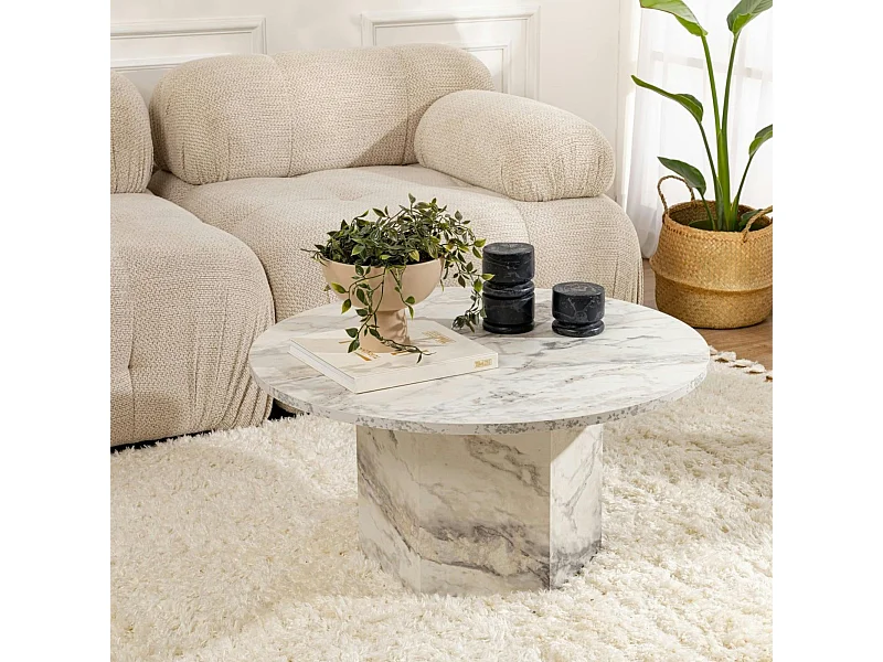 Table basse ronde effet marbre – pied hexagonal MARFA