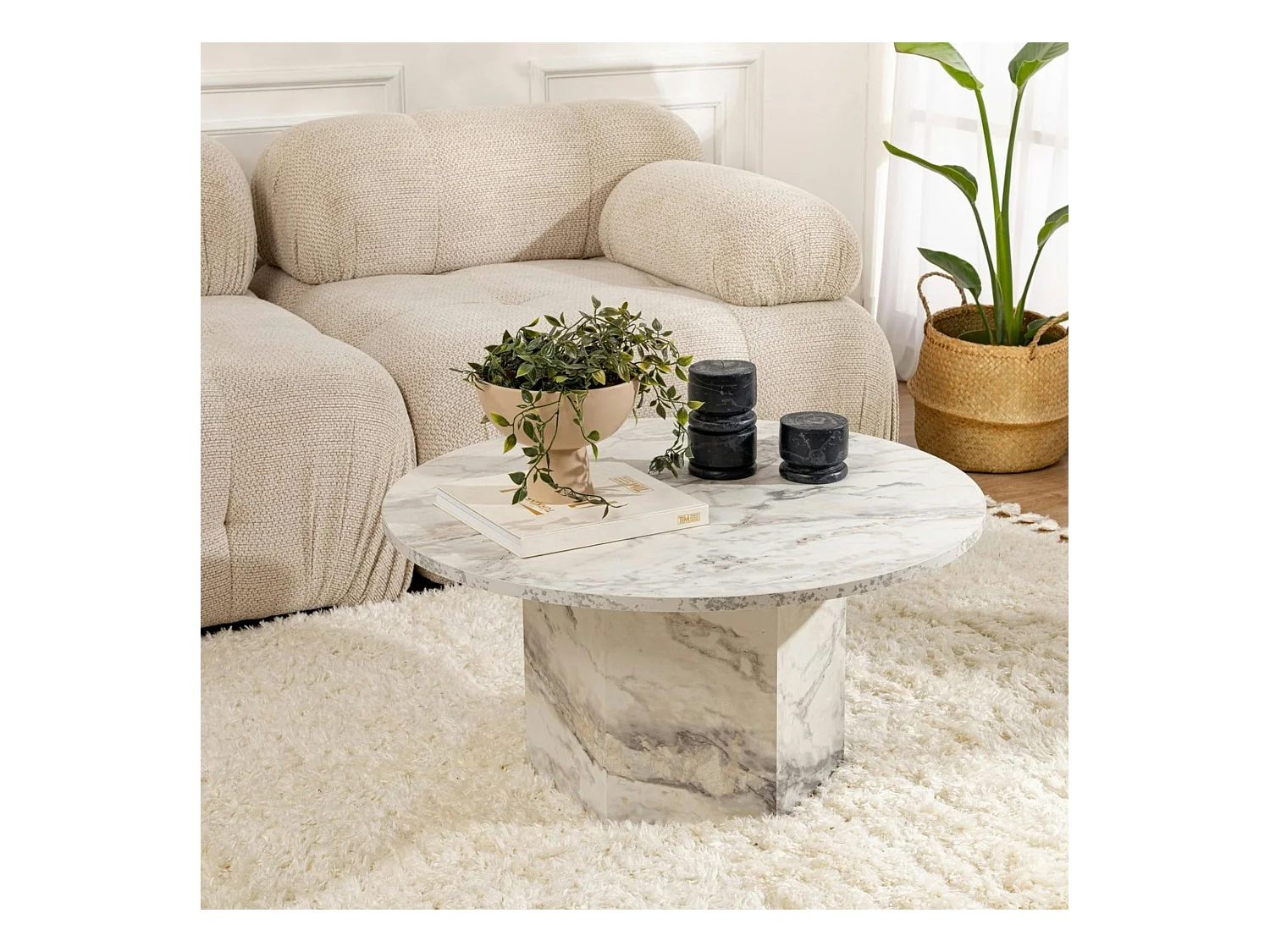 Table basse ronde effet marbre – pied hexagonal MARFA