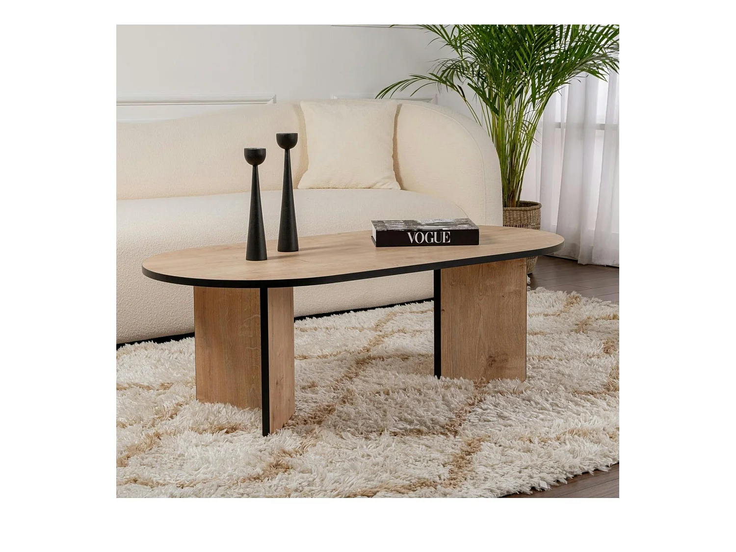 Table basse ovale effet bois & fini noir - pieds en V MARFA