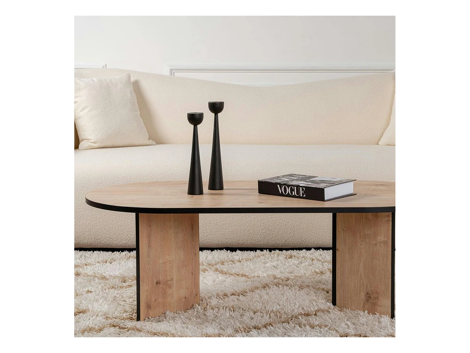 Table basse ovale effet bois & fini noir - pieds en V MARFA