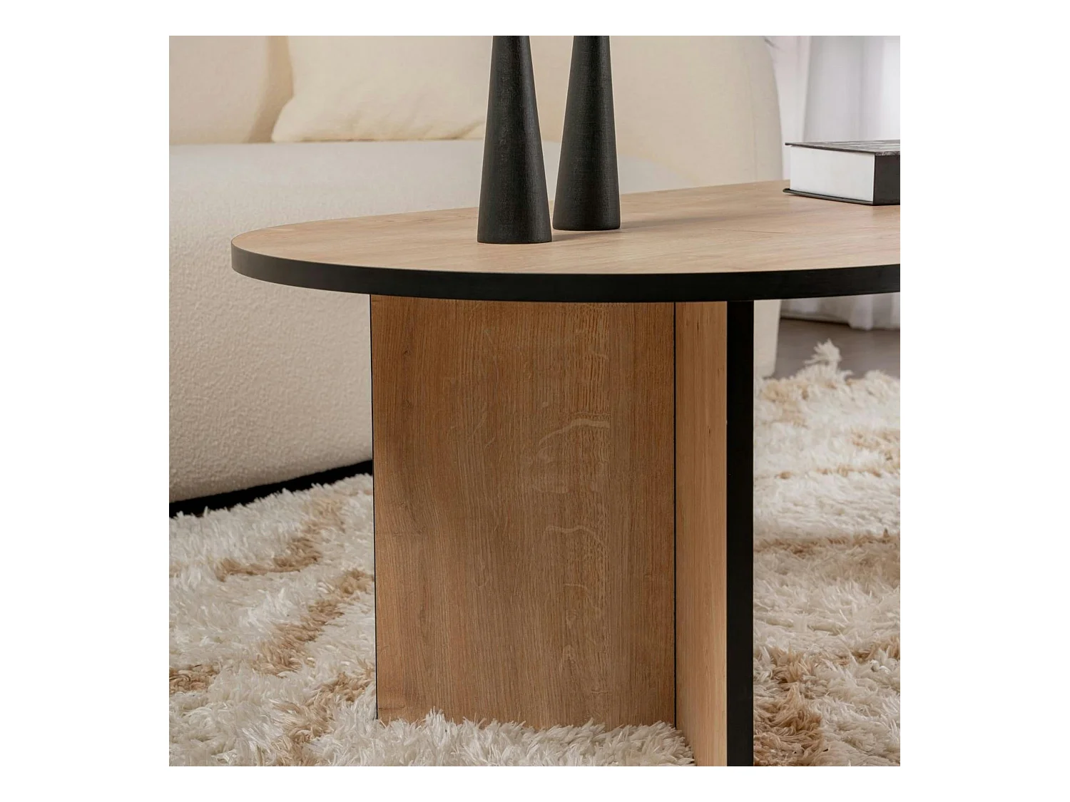 Table basse ovale effet bois & fini noir - pieds en V MARFA