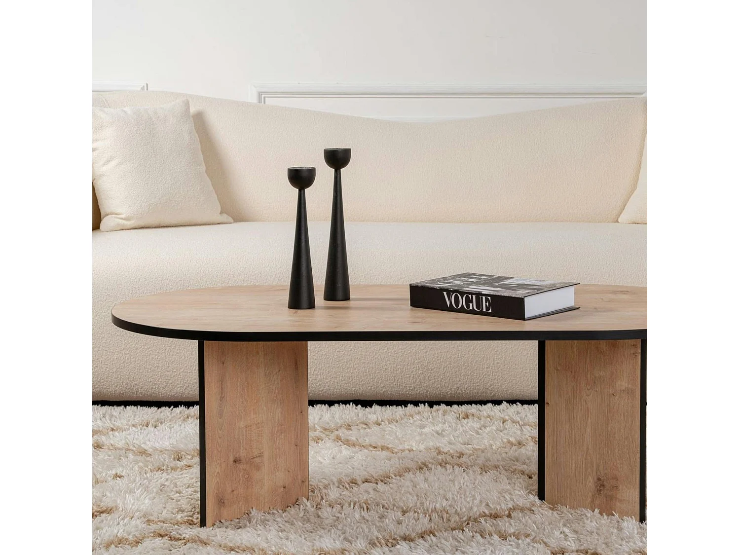 Table basse ovale effet bois & fini noir - pieds en V MARFA