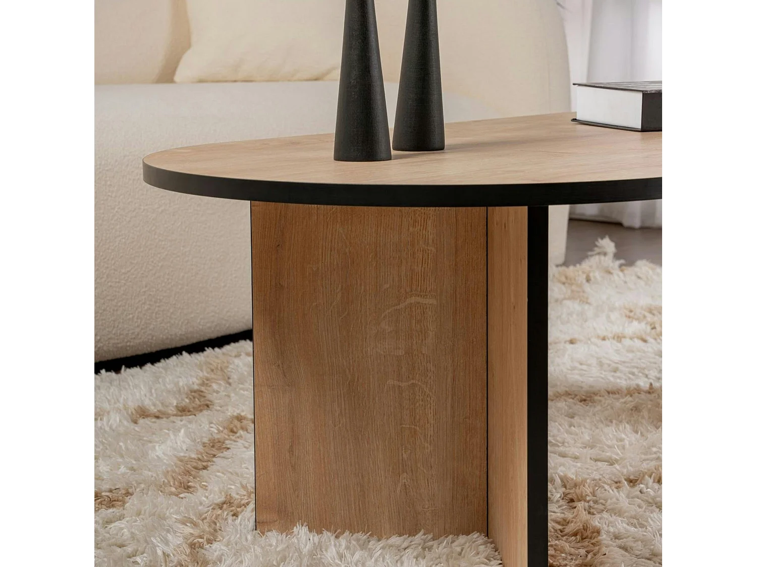 Table basse ovale effet bois & fini noir - pieds en V MARFA