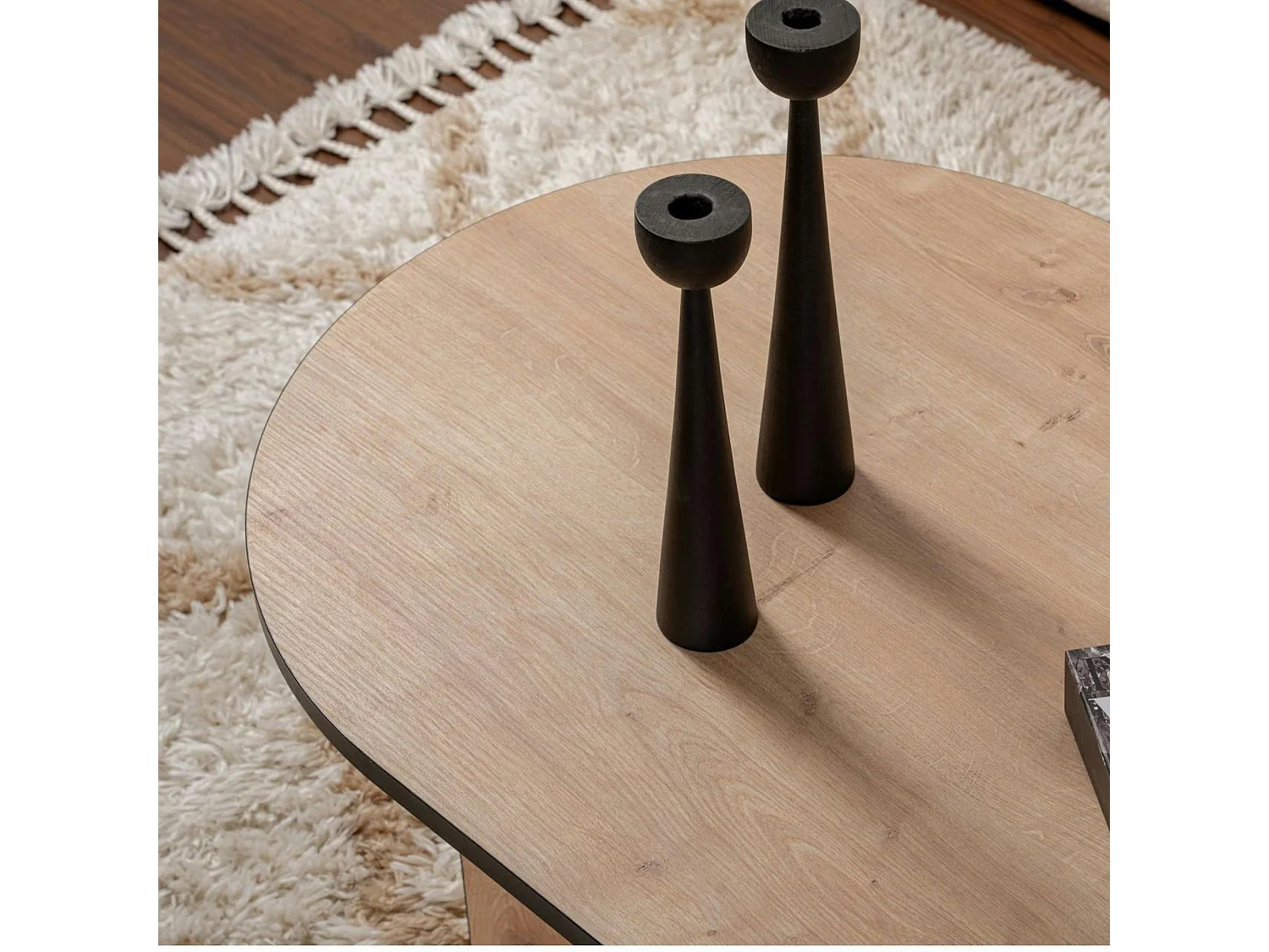 Table basse ovale effet bois & fini noir - pieds en V MARFA