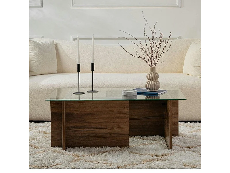 Table basse verre déstructurée – effet bois noyer, H.40 cm SALTA