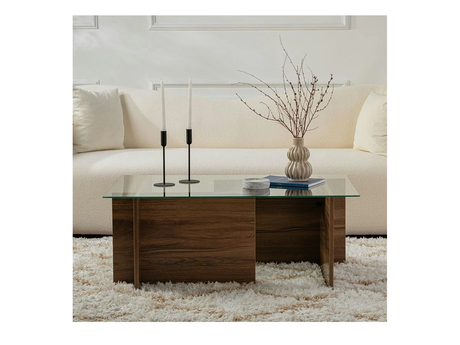 Table basse verre déstructurée – effet bois noyer, H.40 cm SALTA