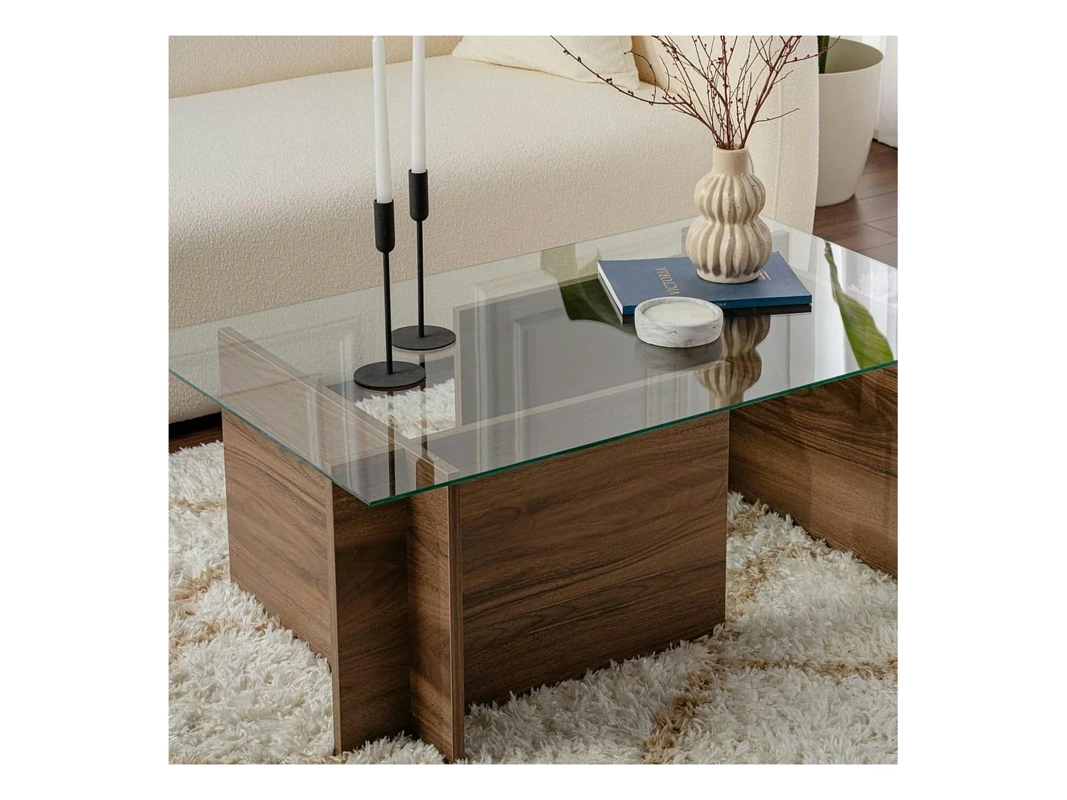 Table basse verre déstructurée – effet bois noyer, H.40 cm SALTA
