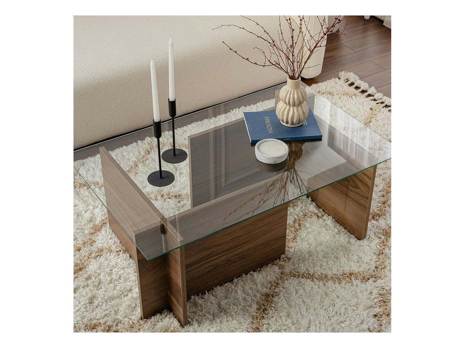 Table basse verre déstructurée – effet bois noyer, H.40 cm SALTA