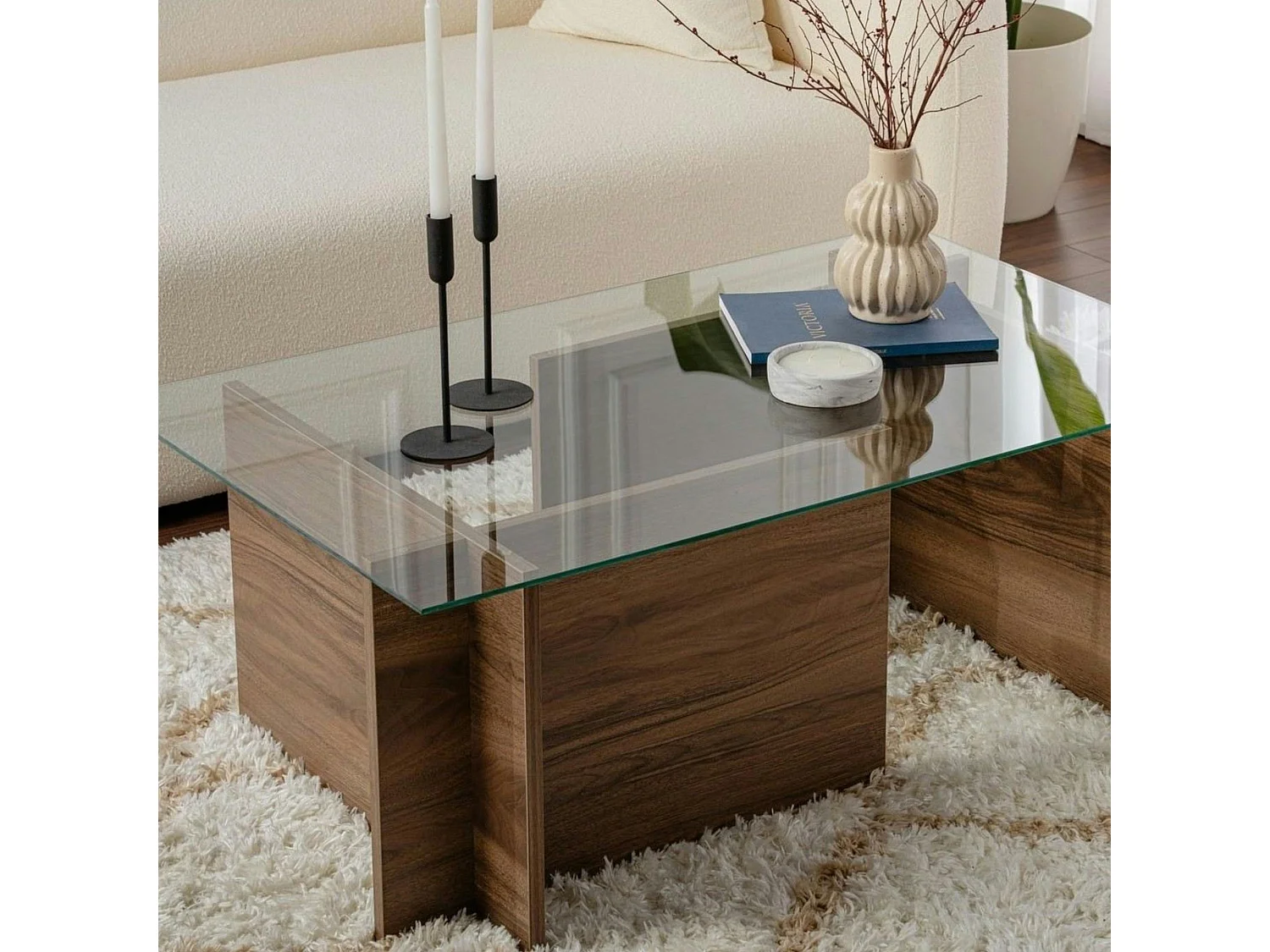 Table basse verre déstructurée – effet bois noyer, H.40 cm SALTA