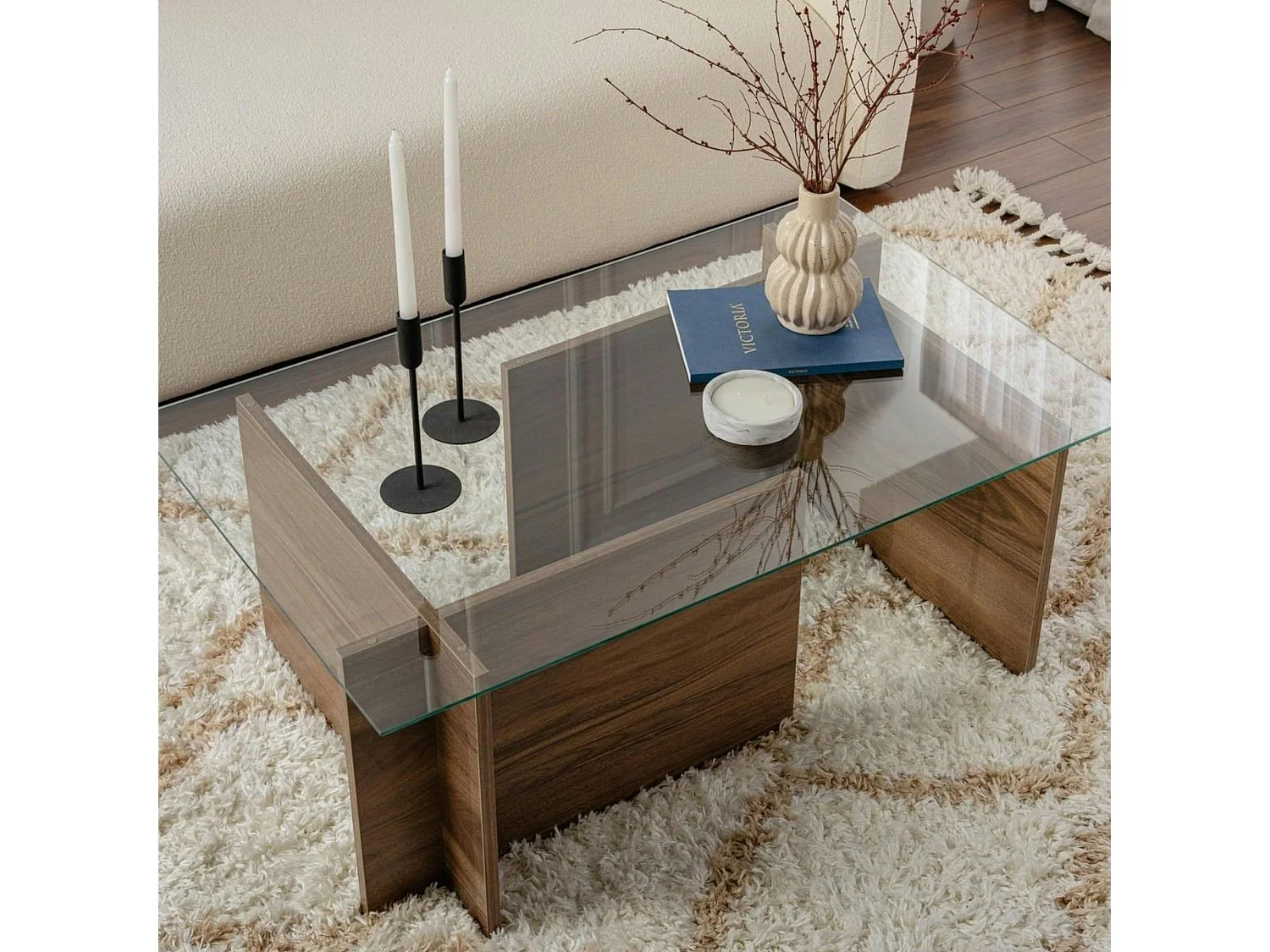 Table basse verre déstructurée – effet bois noyer, H.40 cm SALTA