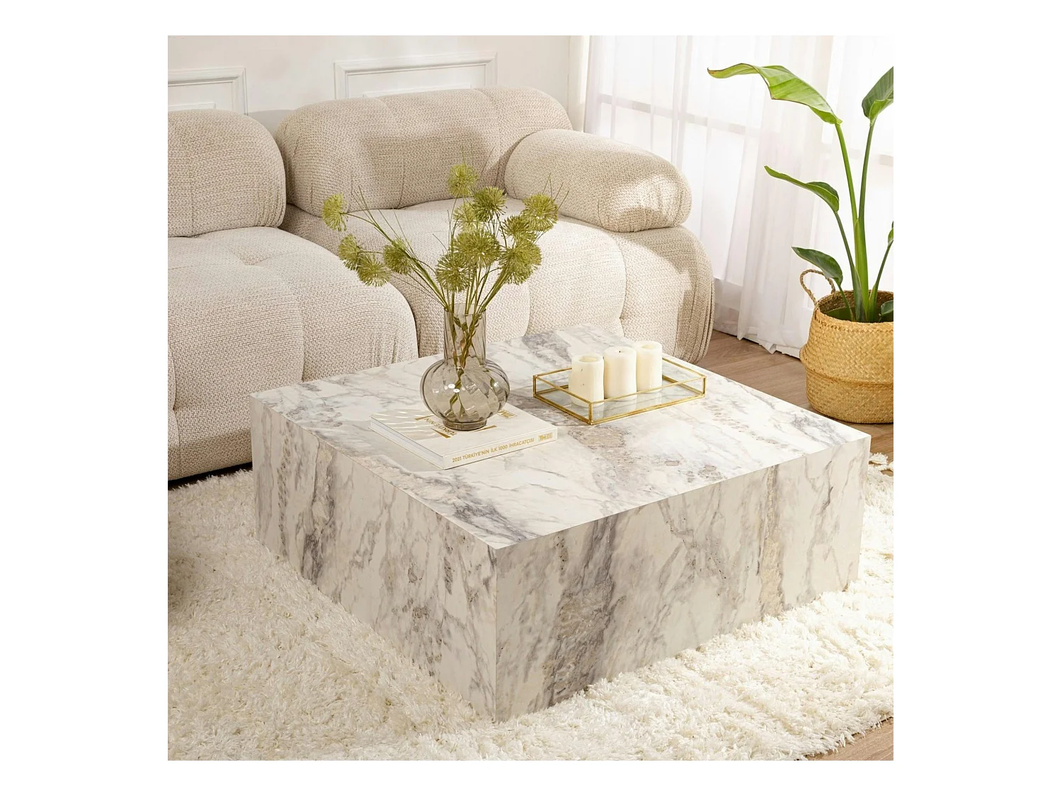 Table basse carrée design effet marbre blanc MARFA