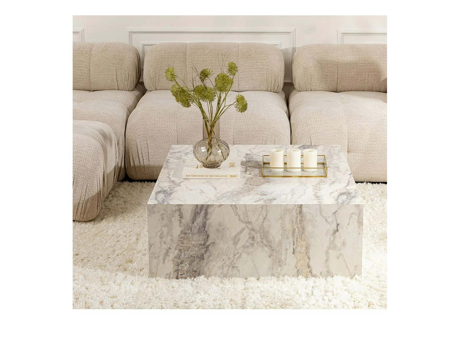 Table basse carrée design effet marbre blanc MARFA