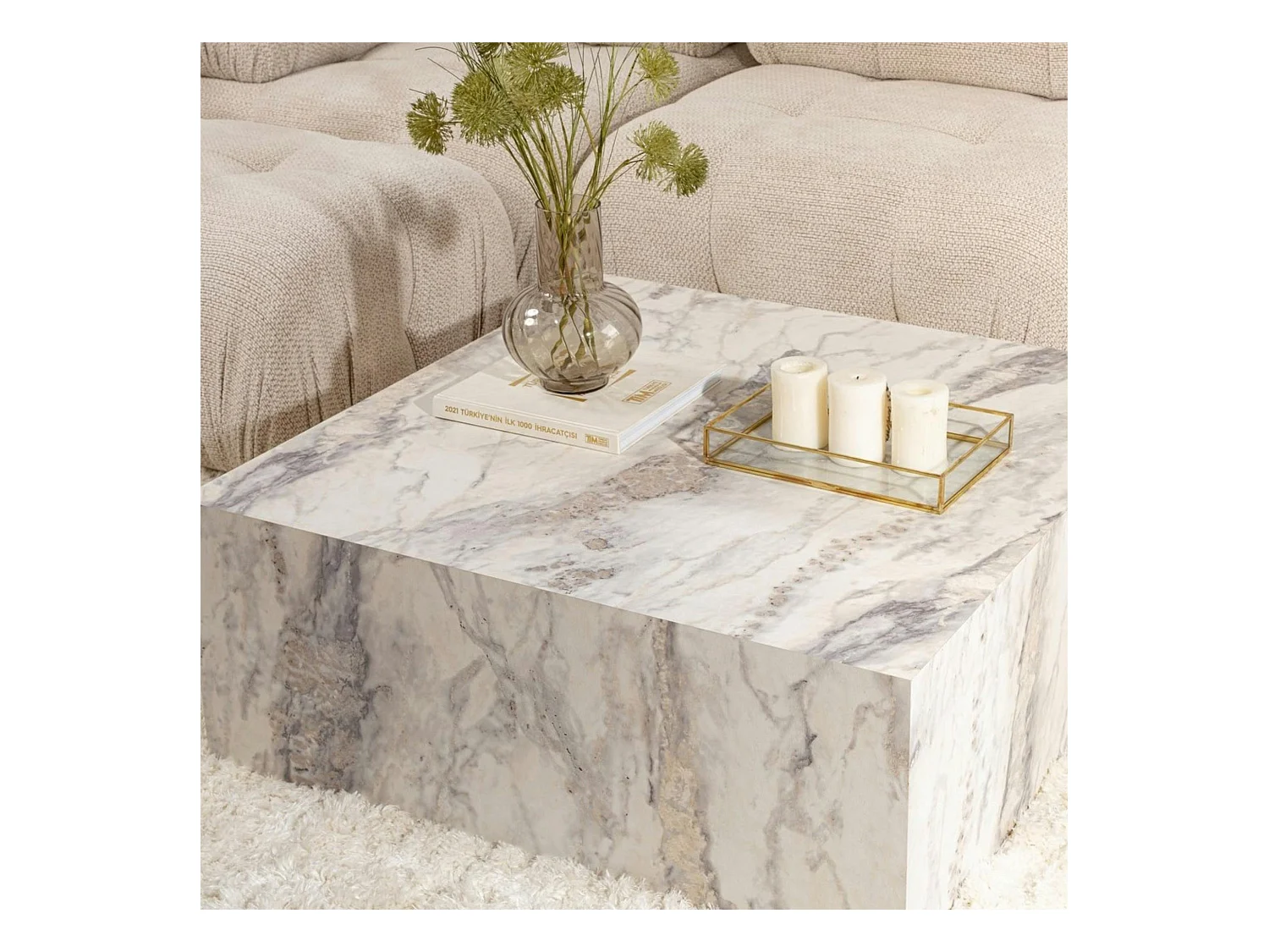 Table basse carrée design effet marbre blanc MARFA