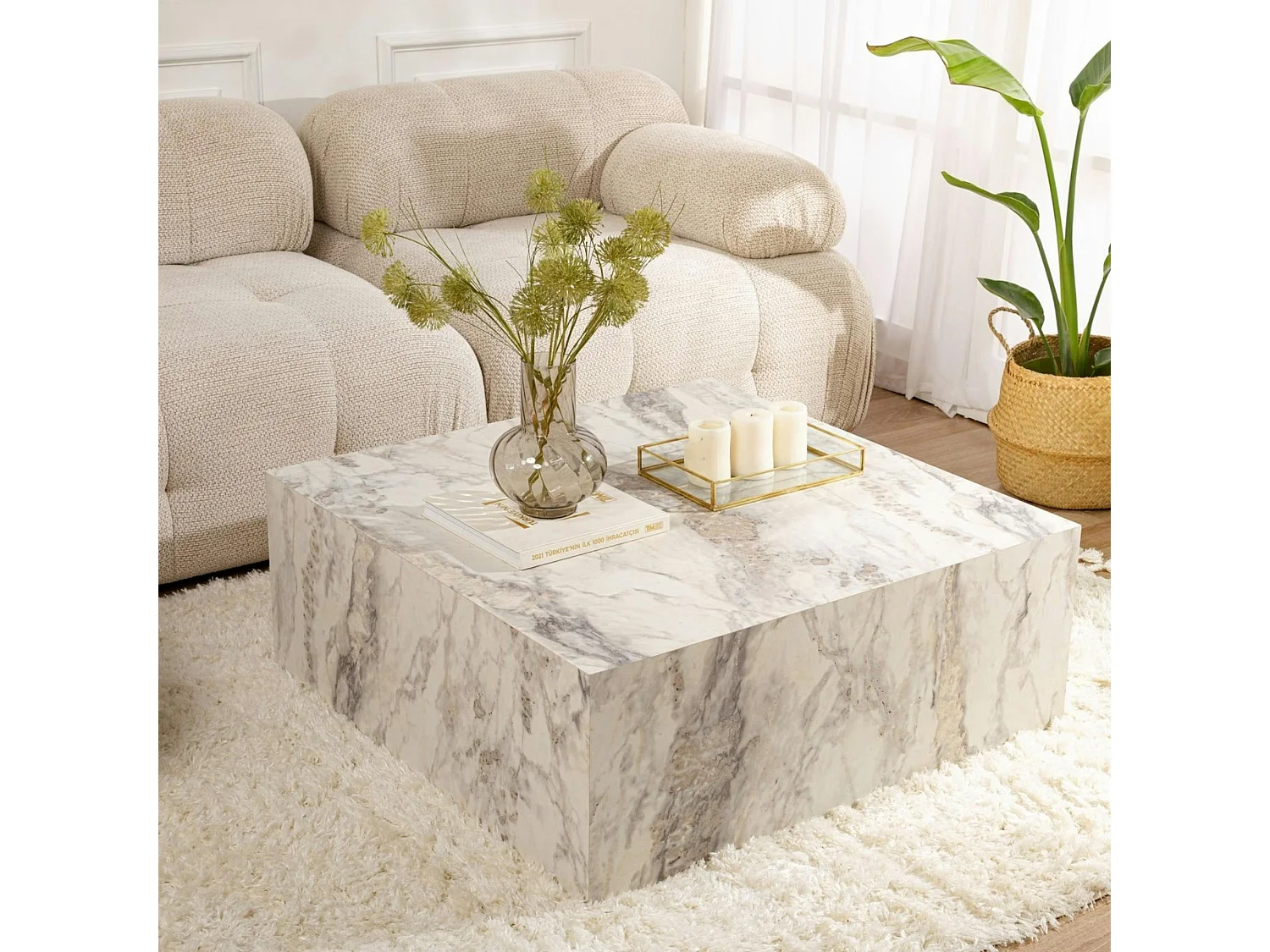 Table basse carrée design effet marbre blanc MARFA