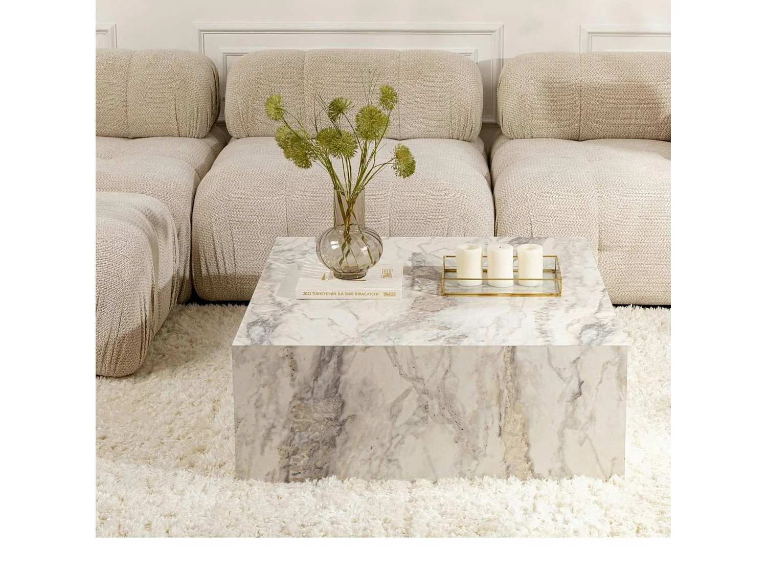 Table basse carrée design effet marbre blanc MARFA