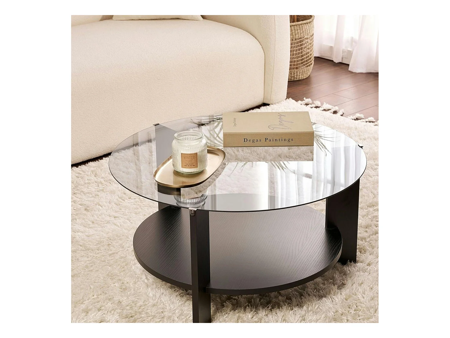 Table basse verre fumé double plateau - effet bois noir SALTA