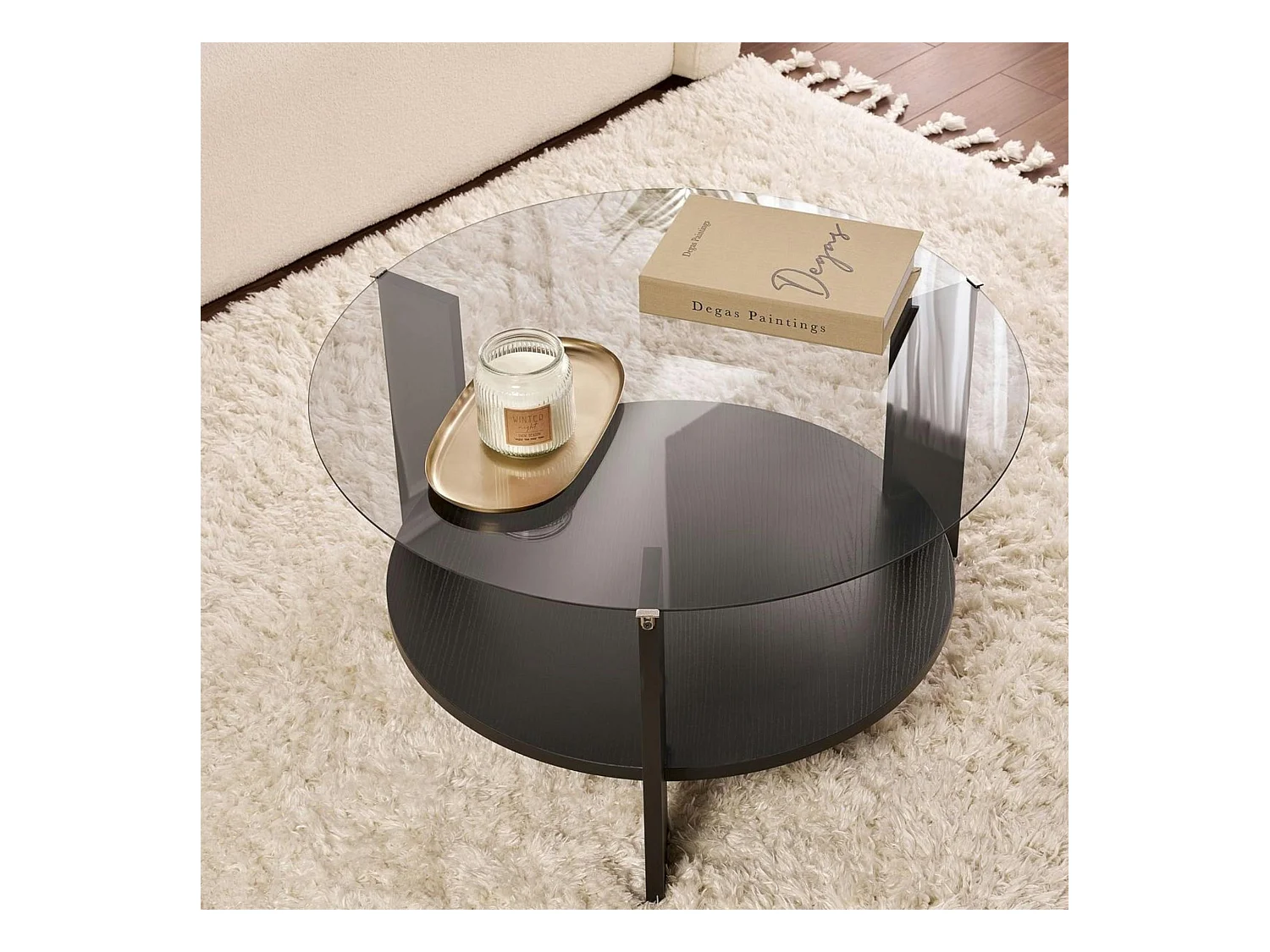 Table basse verre fumé double plateau - effet bois noir SALTA