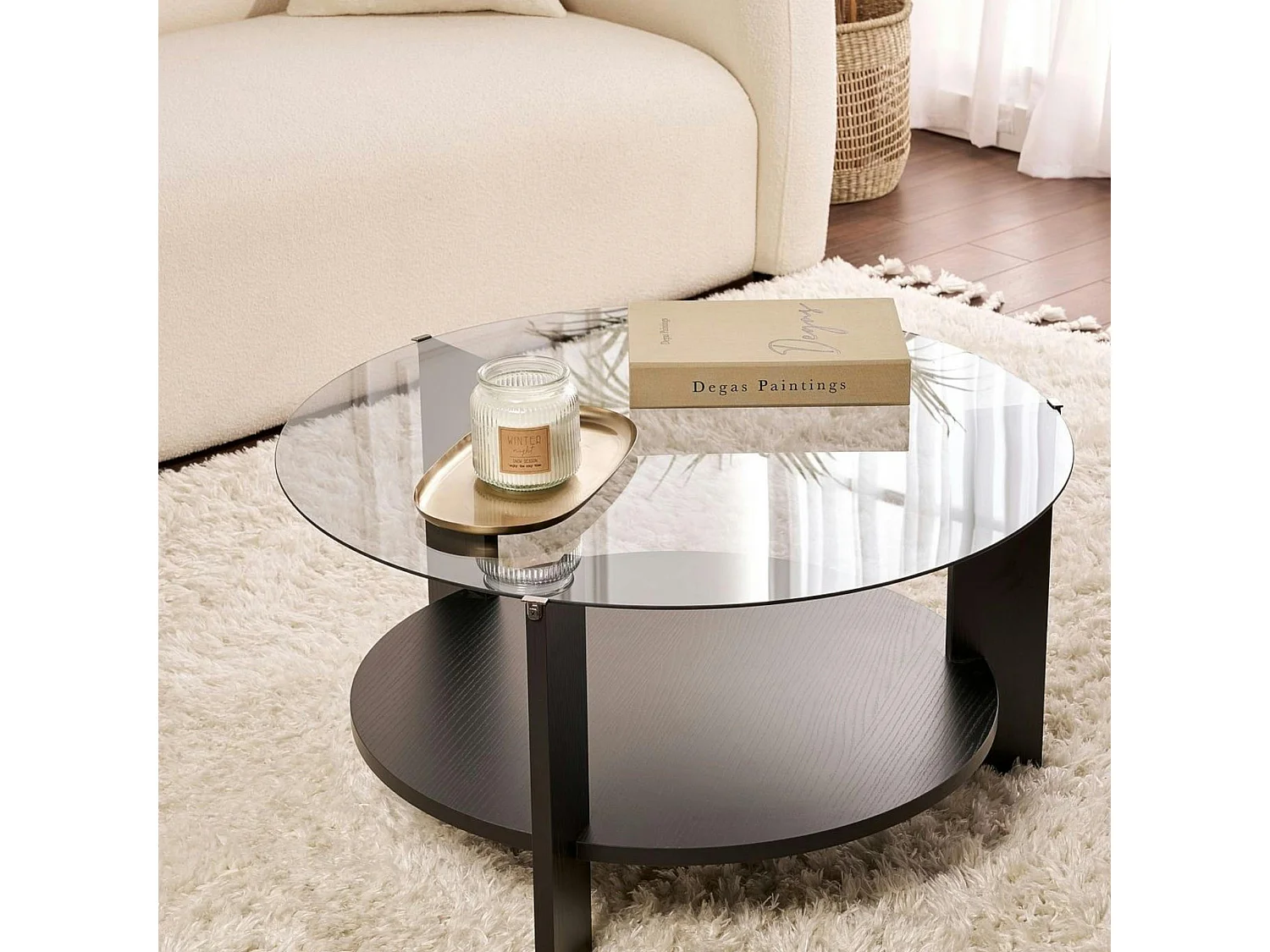 Table basse verre fumé double plateau - effet bois noir SALTA