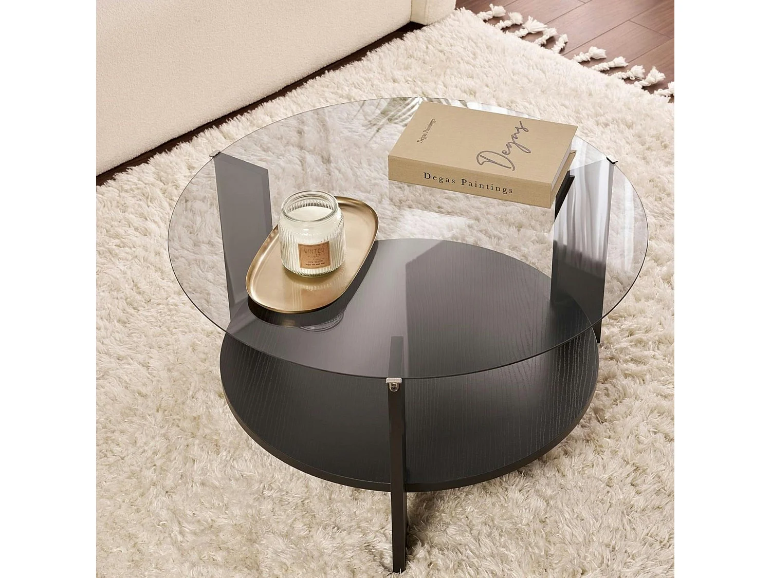 Table basse verre fumé double plateau - effet bois noir SALTA