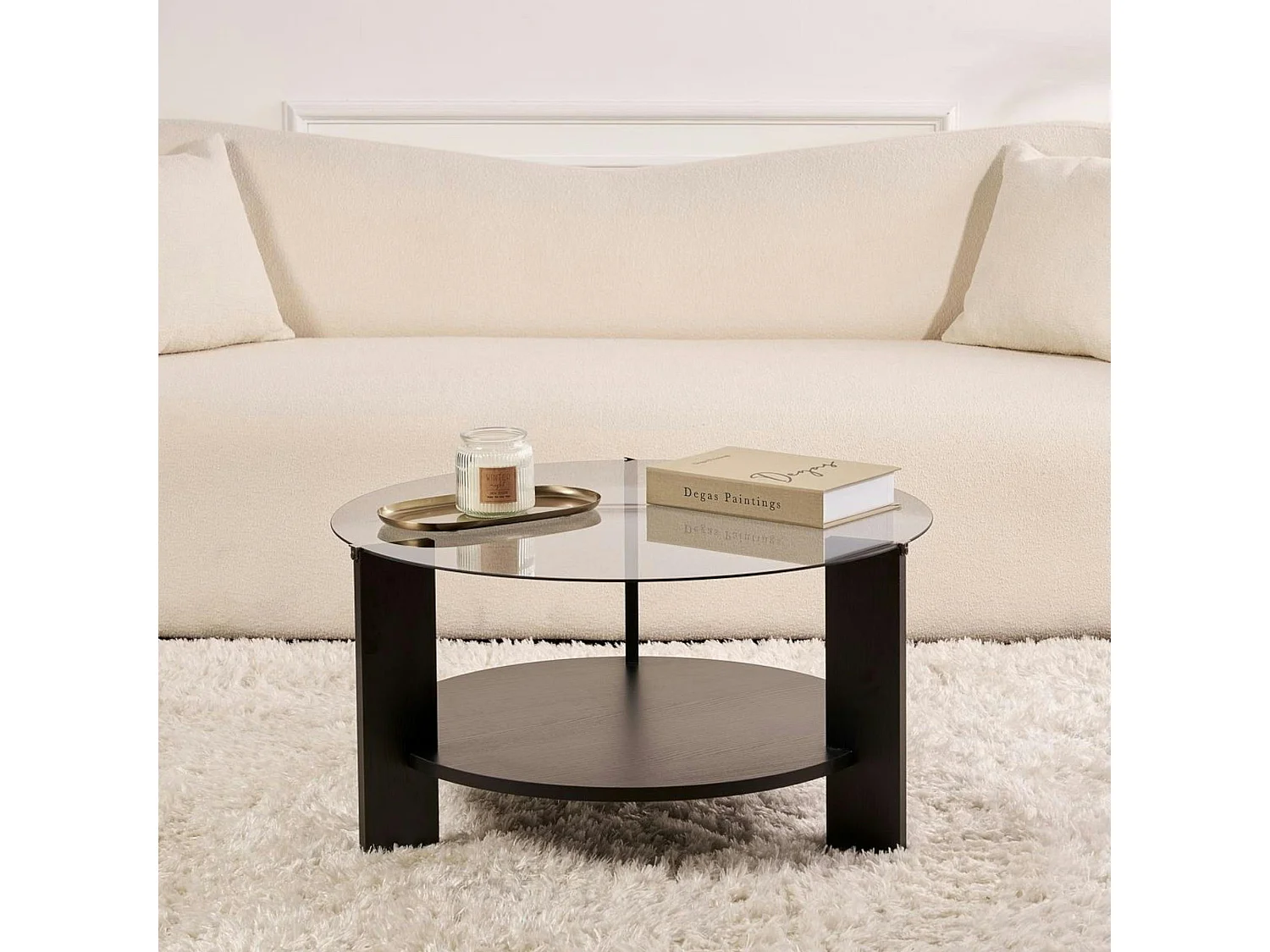 Table basse verre fumé double plateau - effet bois noir SALTA