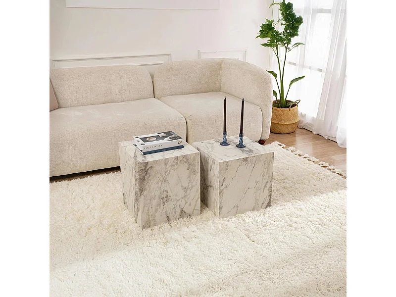 Table basse cube effet marbre blanc - style design (2 pièces) MARFA
