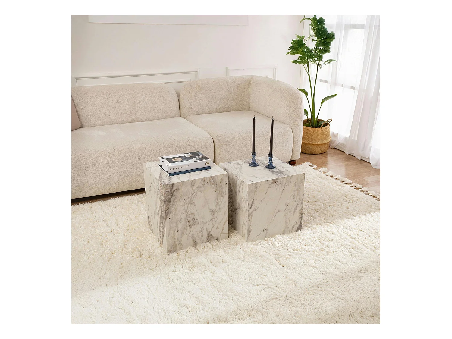 Table basse cube effet marbre blanc - style design (2 pièces) MARFA