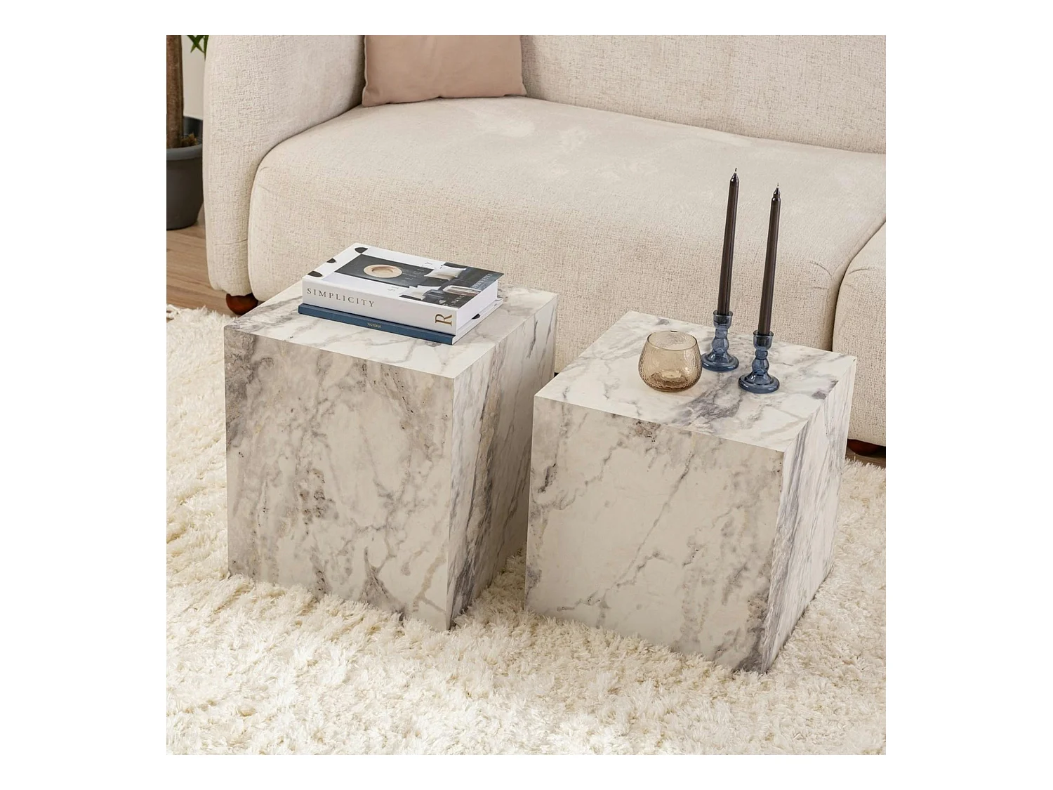 Table basse cube effet marbre blanc - style design (2 pièces) MARFA