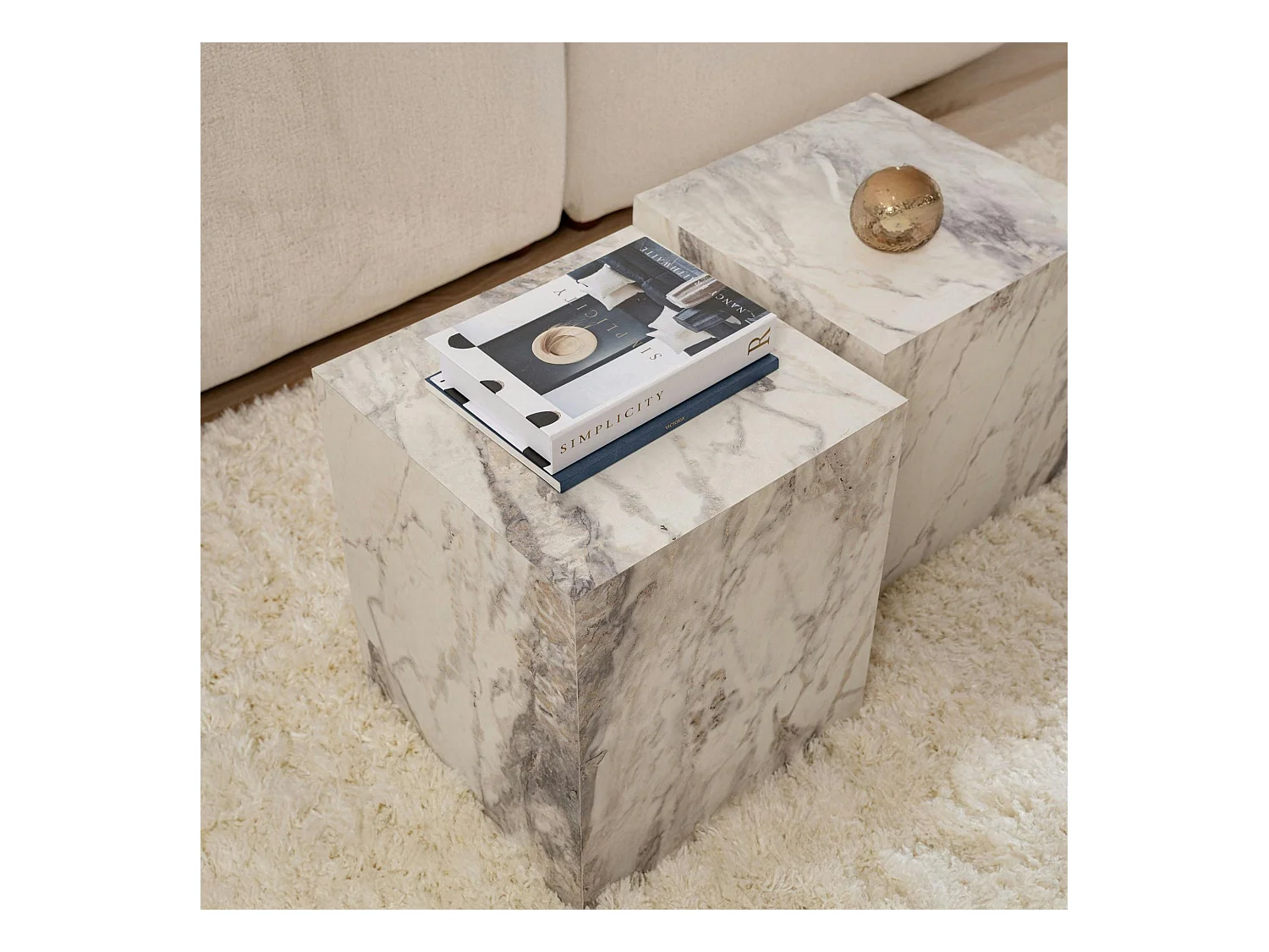 Table basse cube effet marbre blanc - style design (2 pièces) MARFA