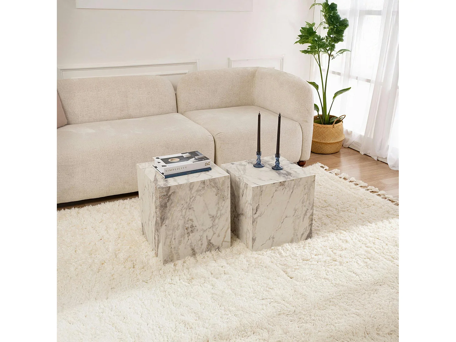 Table basse cube effet marbre blanc - style design (2 pièces) MARFA
