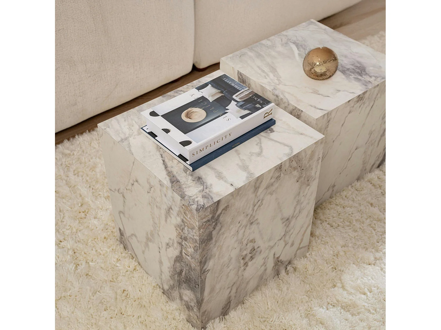 Table basse cube effet marbre blanc - style design (2 pièces) MARFA