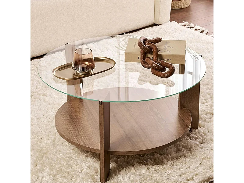 Table basse verre double plateau - effet bois de noyer SALTA