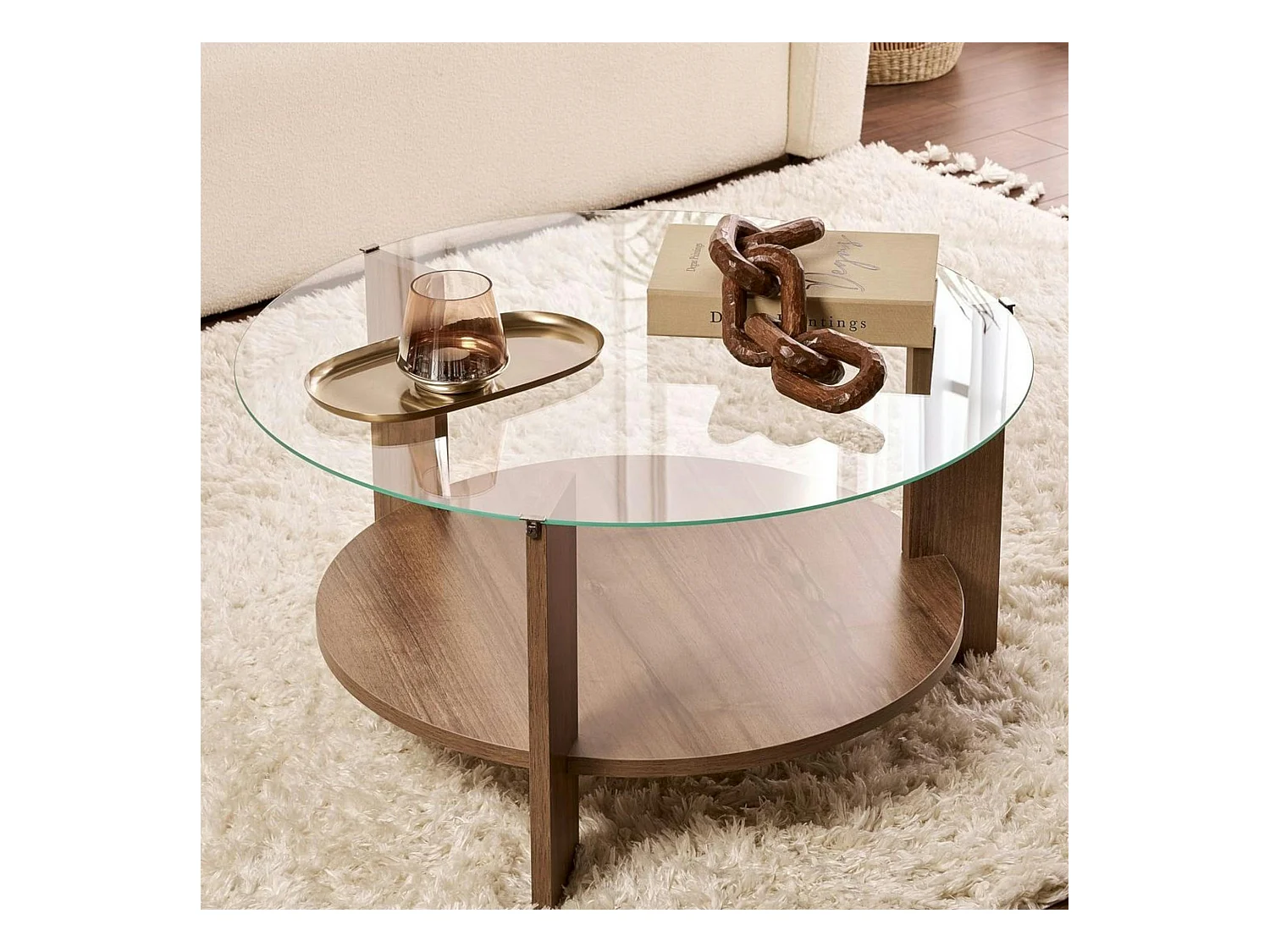 Table basse verre double plateau - effet bois de noyer SALTA