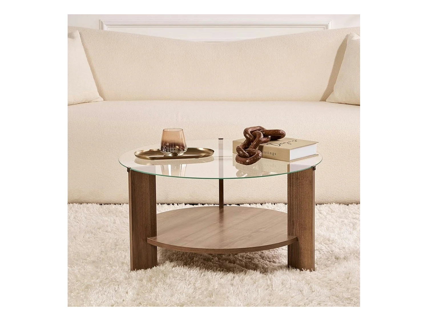 Table basse verre double plateau - effet bois de noyer SALTA