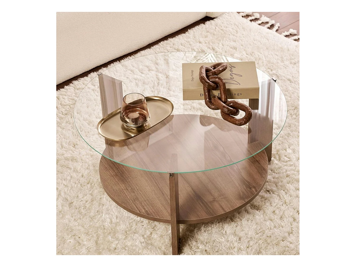 Table basse verre double plateau - effet bois de noyer SALTA