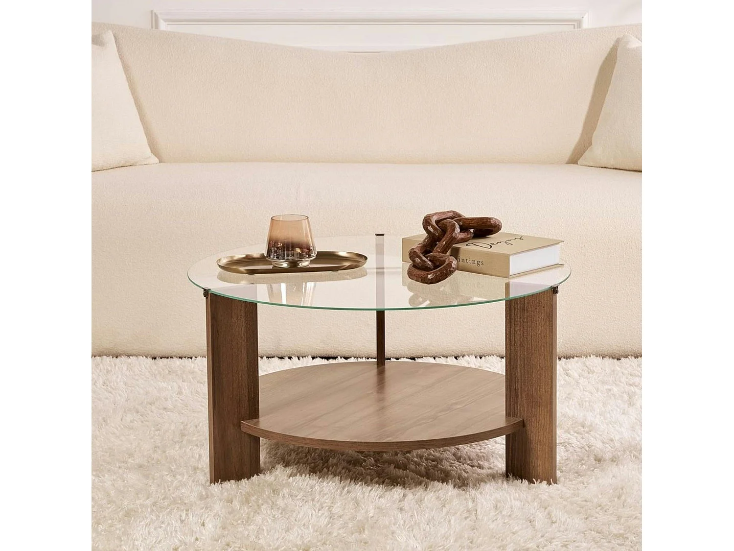 Table basse verre double plateau - effet bois de noyer SALTA
