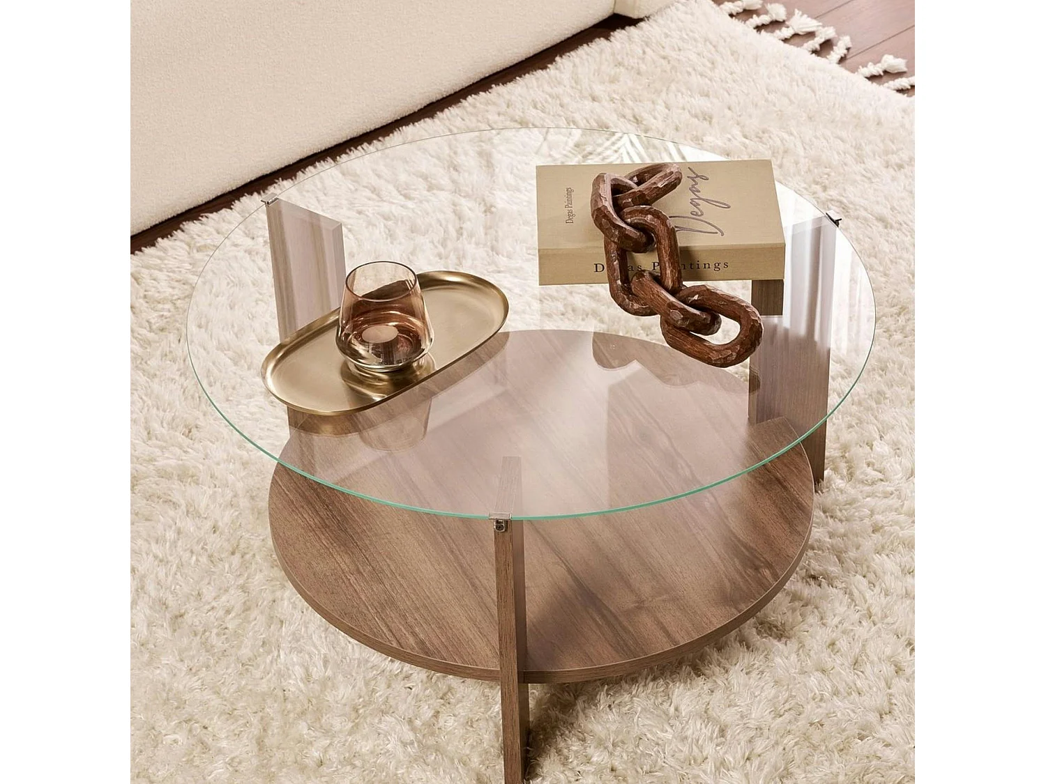 Table basse verre double plateau - effet bois de noyer SALTA