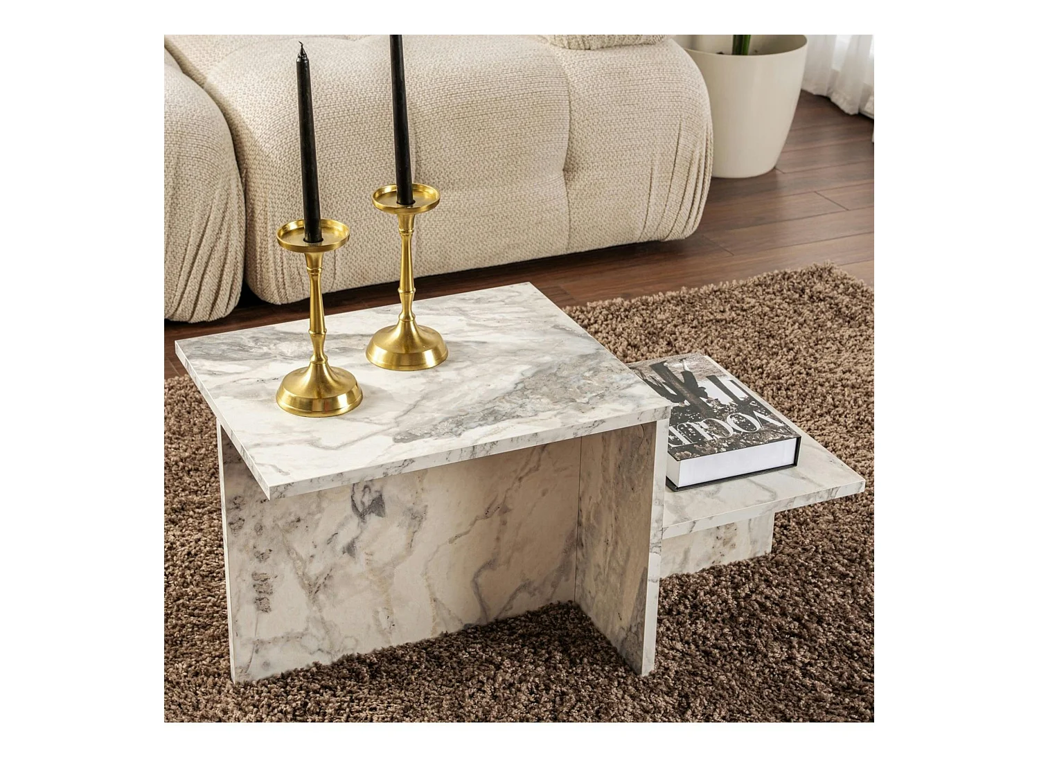 Table basse moderne effet marbre blanc - 2 niveaux MARFA