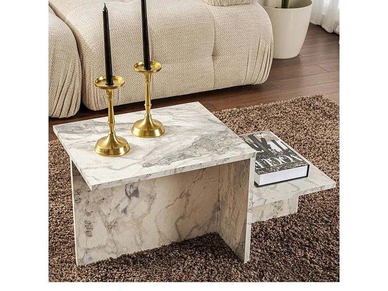 Table basse moderne effet marbre blanc - 2 niveaux MARFA