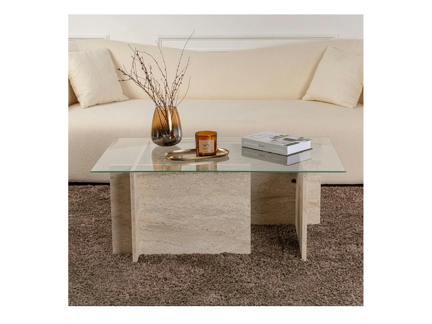 Table basse verre déstructurée – effet travertin, H.40 cm SALTA