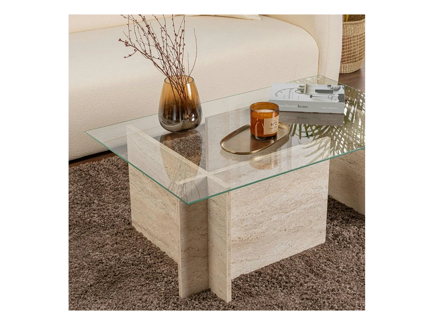 Table basse verre déstructurée – effet travertin, H.40 cm SALTA