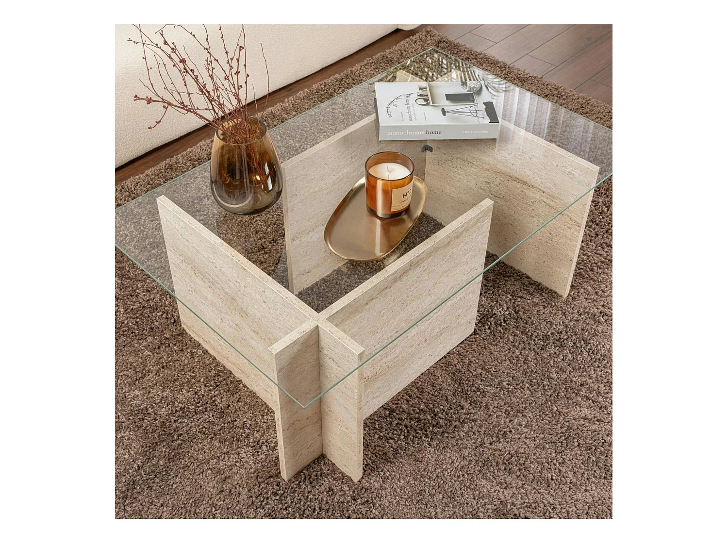 Table basse verre déstructurée – effet travertin, H.40 cm SALTA