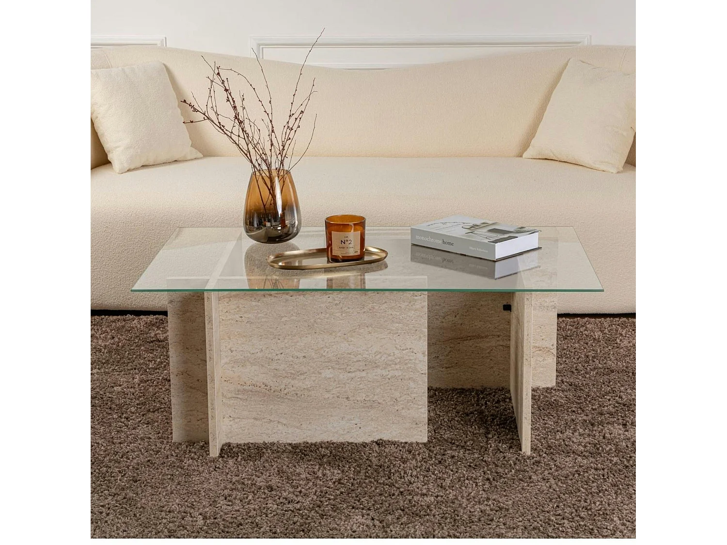 Table basse verre déstructurée – effet travertin, H.40 cm SALTA