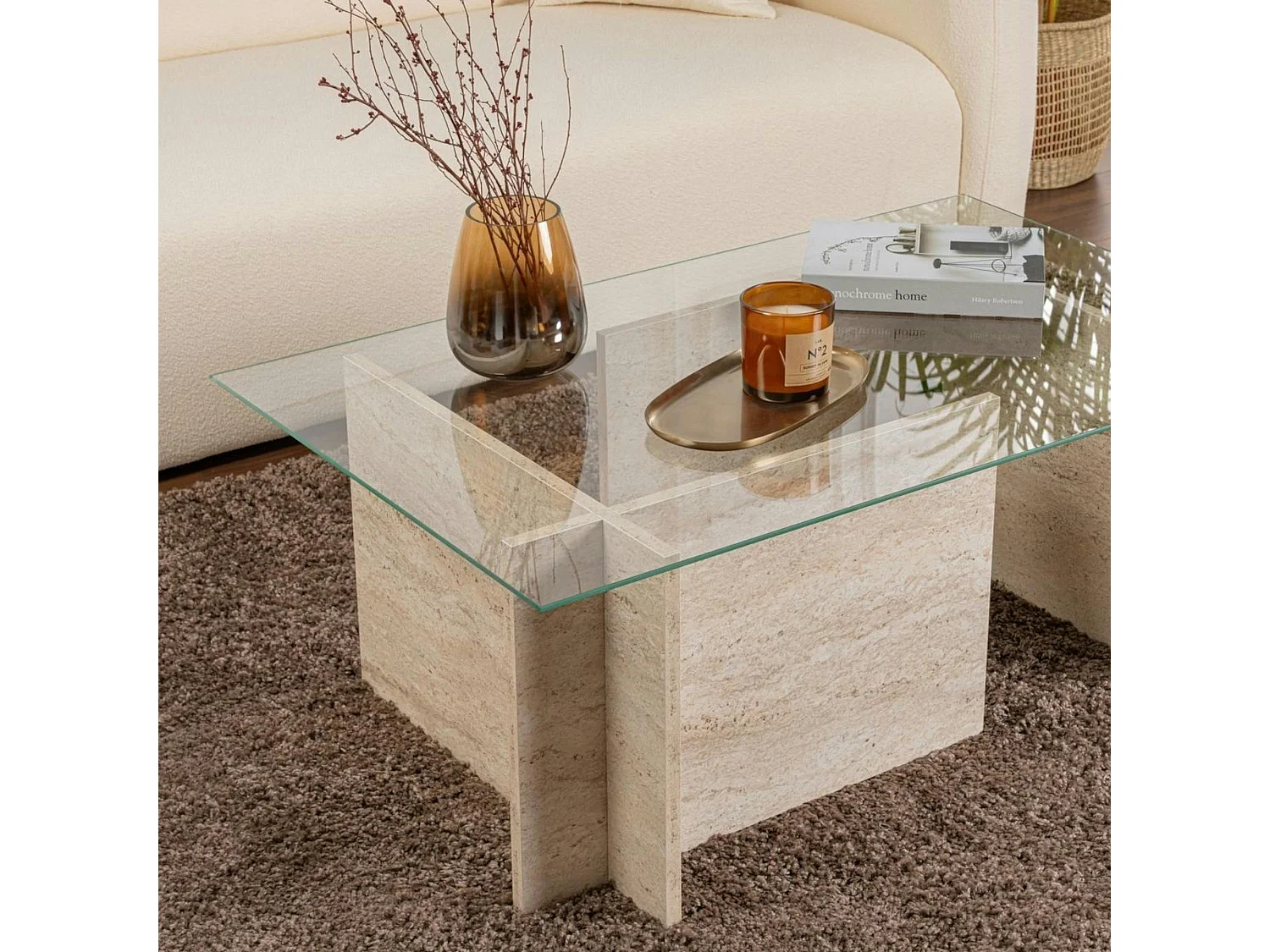 Table basse verre déstructurée – effet travertin, H.40 cm SALTA